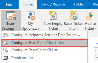 Toolbar options under Outlook for SharePoint ticket system