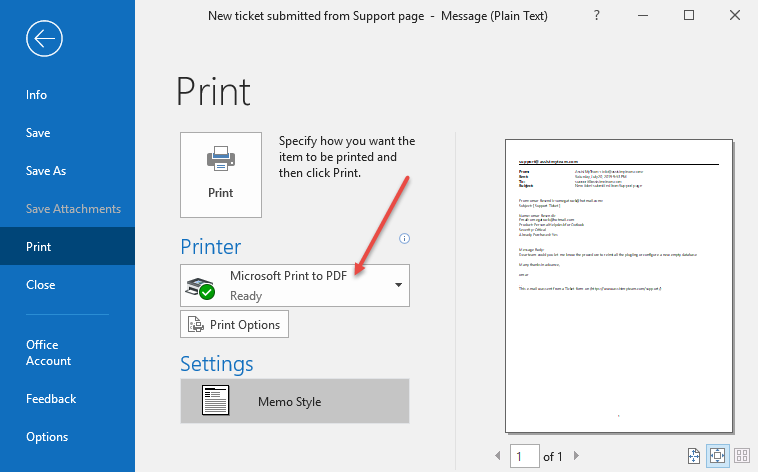 how to set up print to pdf in outlook 2007